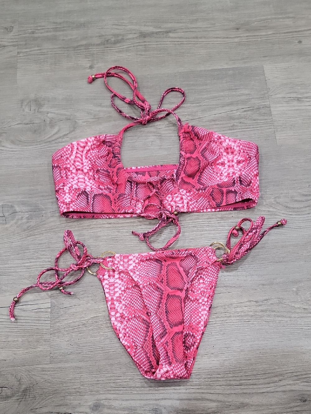 Pink Snake Print Tie Bikini Set
